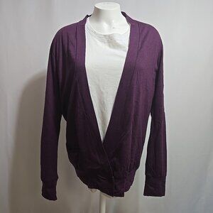 Lee Mathews Cardigan Sweater Womens Size 2 Purple 100% Wool Low V Neck Designer